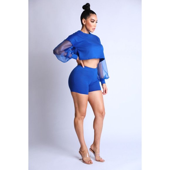 Women's Casual Crew Neck Organza Puff Sleeve Top & Elastic Waist Shorts 2Pcs Set - Picture 7 of 9